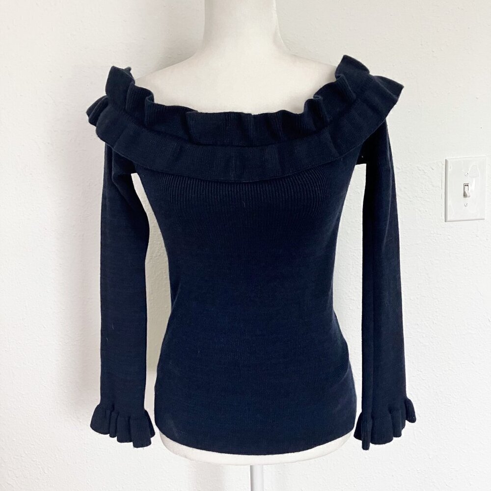 NWT White House Black Market Off the Shoulder Ruffle Navy blue Black sweater - Picture 2 of 12
